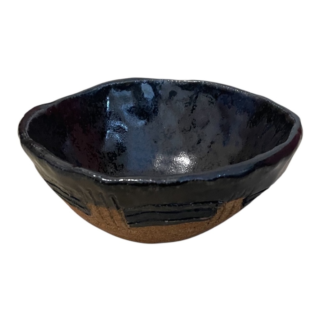 Handmade Mid Century Studio Ceramic Pottery Black Pinch Bowl